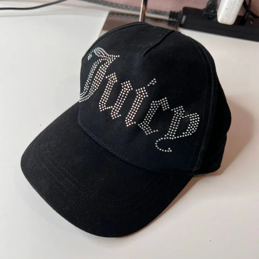 This item is a black Juicy Couture baseball cap featuring a rhinestone logo